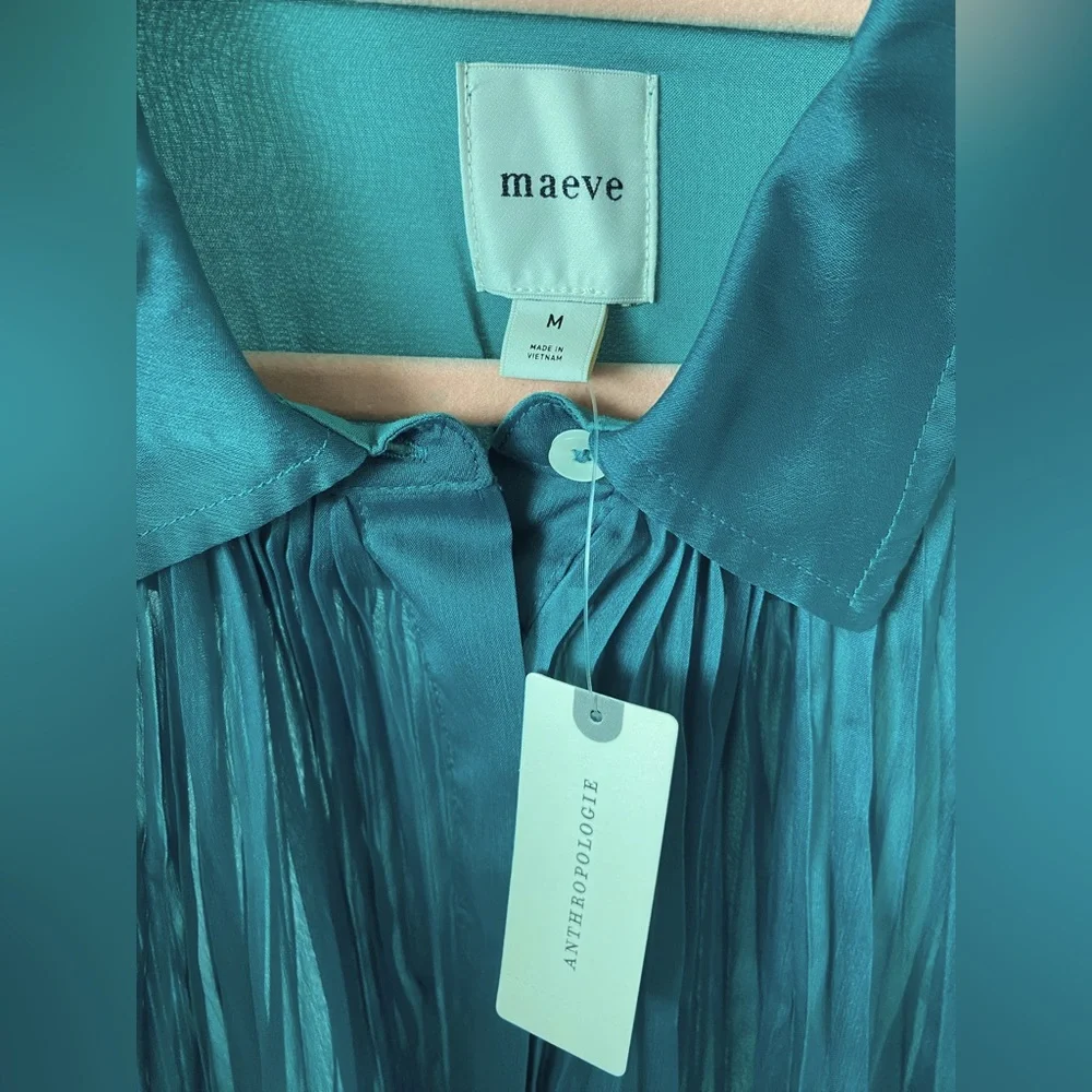 Maeve by Anthropologie l Sheer Pleated Cape Sleeve Blouse in Blue Green - Picture 10 of 12